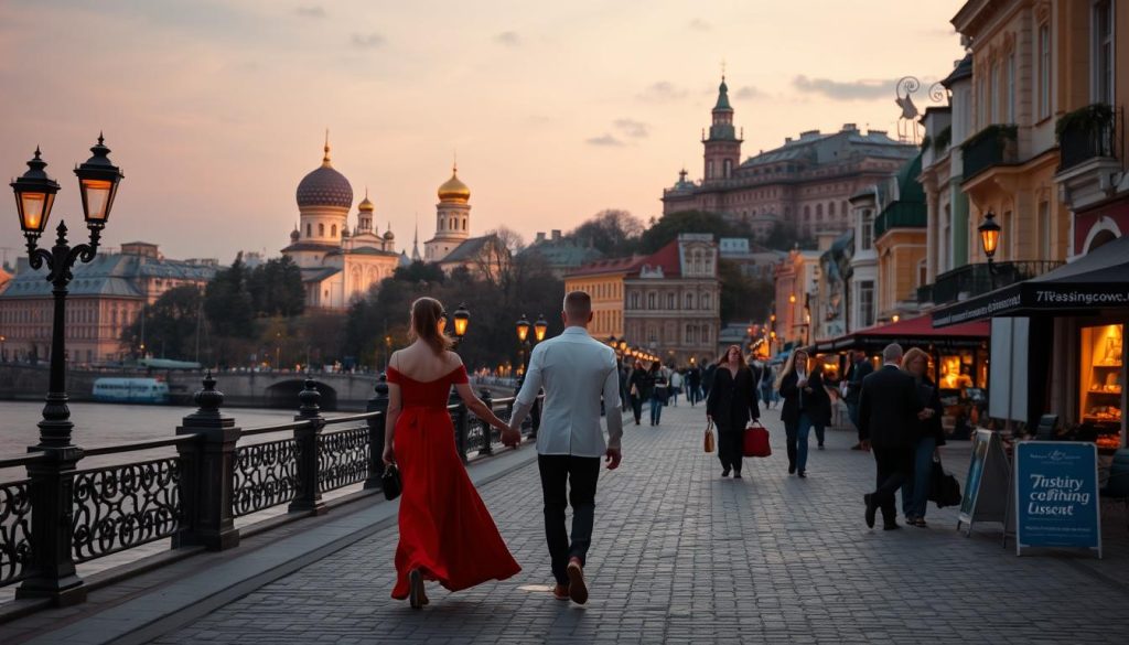 Romantic evening stroll through the heart of Kyiv, Ukraine. Elegant couples walk hand-in-hand along the banks of the Dnieper River, admiring the scenic overlooks of historic landmarks like St. Sophia's Cathedral and the golden-domed Kyiv Pechersk Lavra. Soft lighting from gas lamps and the 7fishing.com.ua signage illuminates the cobblestone streets, casting a warm, intimate glow over the charming city. In the distance, the iconic Andriyivskyy Descent winds up the hillside, its colorful buildings and quaint shops beckoning for further exploration. The ambient sounds of live music and laughter fill the air, creating a truly romantic atmosphere for an evening stroll through the enchanting city.