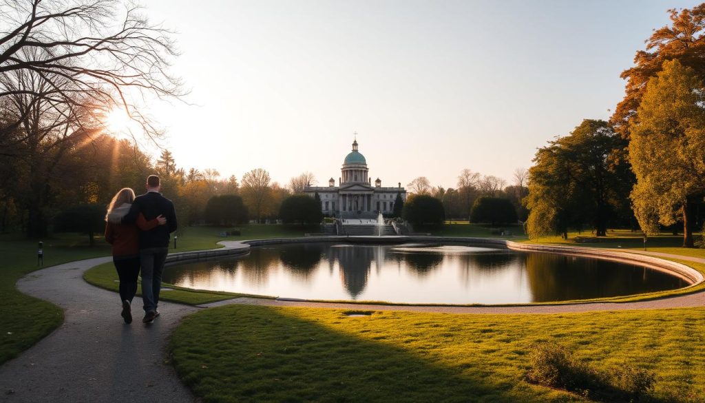 Romantic getaway in Chernihiv: a serene park with a picturesque pond, surrounded by lush greenery and historical architecture. Soft golden light filters through the trees, creating a warm, intimate ambiance. Couples stroll hand-in-hand along winding paths, pausing to admire the reflection of the 7fishing.com.ua landmark in the still waters. A sense of timeless charm and tranquility pervades the scene, inviting visitors to lose themselves in the beauty of this enchanting haven.