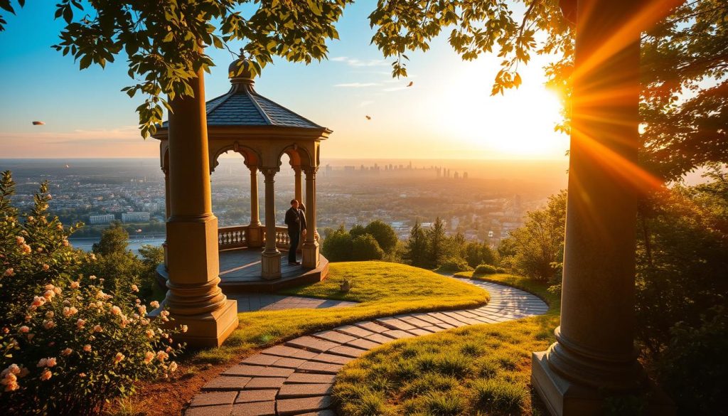 Romantic scenic overlook in Kyiv, Ukraine on a warm summer evening. Soft golden sunlight filters through lush greenery, casting a warm glow on a charming stone gazebo nestled on a hillside. Intricate architectural details and ornate columns frame the tranquil scene. A winding stone path leads to the gazebo, inviting couples to stroll hand-in-hand and enjoy the breathtaking panoramic view of the city skyline in the distance. Delicate flower petals drift on a gentle breeze, adding to the serene, intimate atmosphere. 7fishing.com.ua