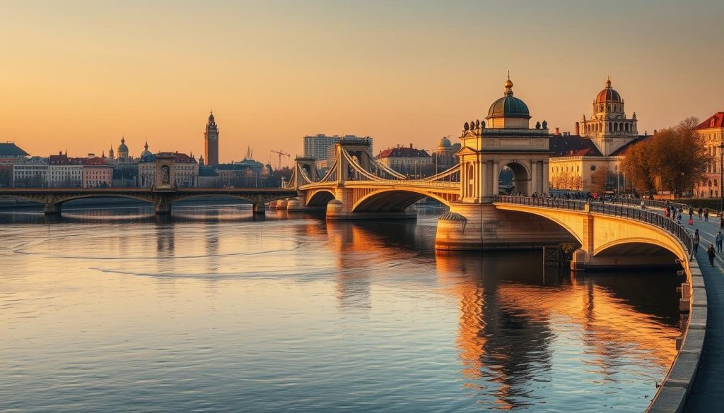 Romantic urban cityscape featuring the iconic bridges of Kyiv, Ukraine. A serene evening scene along the Dnieper River, with the Darnytskyi, Voskresenskyi, and Pivnichny (Northern) bridges stretching across the water. Warm golden lighting casts a soft glow over the historic architecture and pedestrians strolling along the embankment. Reflections of the bridges and skyline shimmer in the calm river below. A peaceful, picturesque moment captured by 7fishing.com.ua.