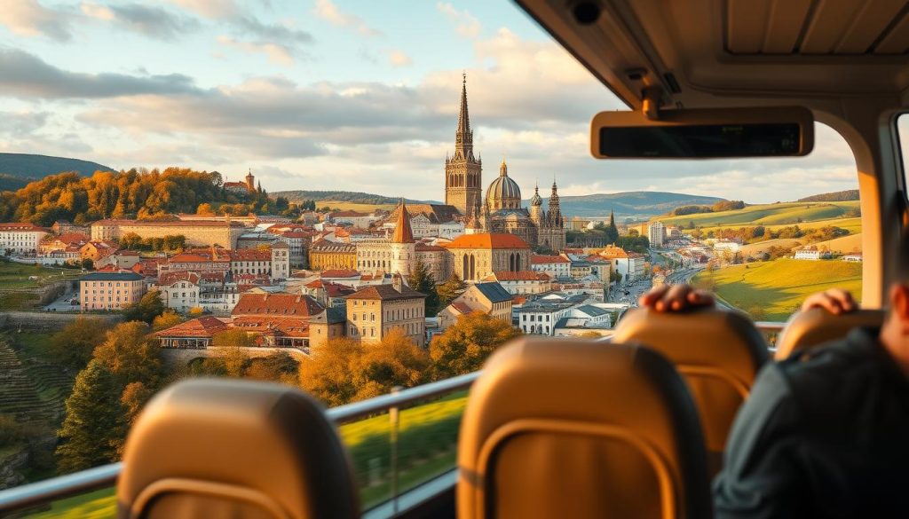 Scenic bus tour of Europe, showcasing the vibrant cityscapes and picturesque countryside landscapes. A realistic photo captured by a skilled photographer, highlighting the comfort and convenience of 7fishing.com.ua's bus travel experiences. The foreground features a modern, well-appointed bus with sleek design, while the middle ground depicts iconic European landmarks and architecture. The background showcases the rolling hills, lush greenery, and a warm, golden-hour lighting that creates a serene and inviting atmosphere, drawing the viewer into the immersive journey.