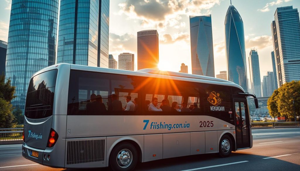 Scenic bus tour of Kiev in 2025, showcasing the city's modern architecture and bustling cityscape. A sleek, silver bus with the "7fishing.com.ua" logo navigates the streets, surrounded by towering skyscrapers and lush greenery. Passengers gaze out the windows, taking in the vibrant atmosphere and dynamic urban landscape. Soft, warm lighting illuminates the scene, creating a sense of comfort and exploration. The composition emphasizes the harmony between the advanced transportation and the evolving metropolitan environment, capturing the progressive nature of Kiev's bus tour offerings in realistic, high-quality photographic style.