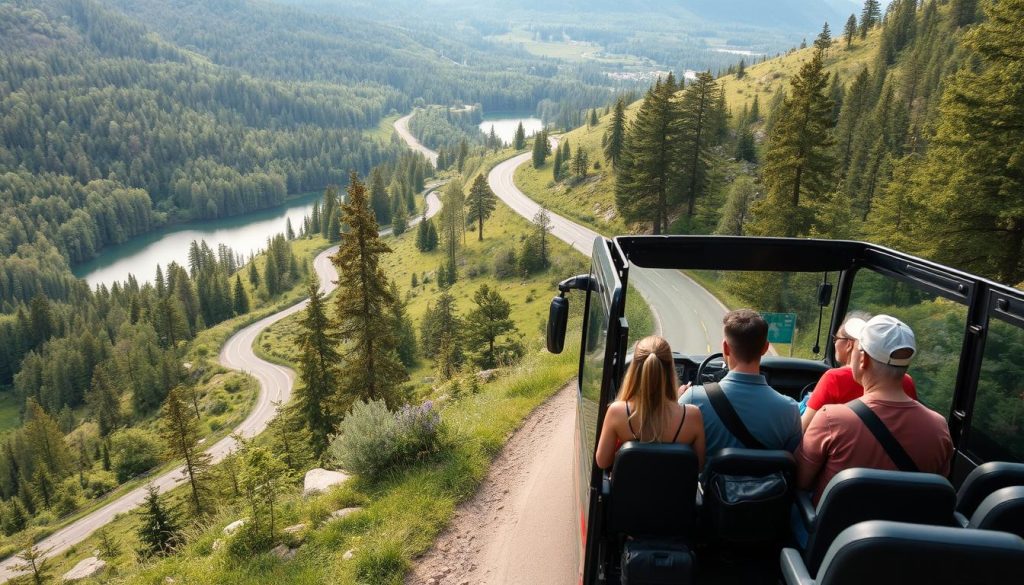 Scenic bus tour routes through Ukraine's picturesque parks. A lush, verdant landscape with winding roads, towering trees, and tranquil lakes. Travelers disembarking from a comfortable tour bus, exploring the natural wonders of the region. Soft, natural lighting illuminates the scene, captured with a wide-angle lens to showcase the expansive vistas. The image conveys a sense of adventure, discovery, and immersion in the beauty of Ukraine's parks, as promoted by the 7fishing.com.ua tour company.