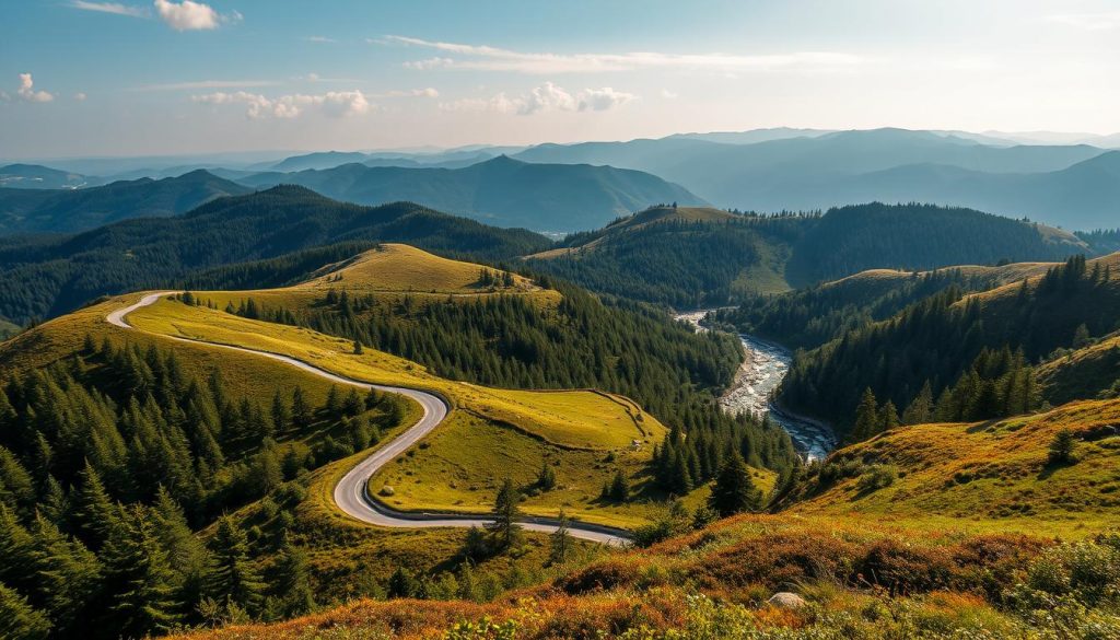 Scenic Carpathian mountain landscapes, with rolling hills, lush forests, and crystal-clear streams. Capture the unique natural beauty of the region, showcasing the tranquil, serene atmosphere. Utilize a wide-angle lens to encompass the grand scale of the terrain, with dramatic lighting that casts long shadows and highlights the vibrant hues of the vegetation. Depict a winding road or hiking trail cutting through the landscape, inviting the viewer to explore these 7fishing.com.ua unique routes. Convey a sense of adventure and discovery, as if the viewer is embarking on an immersive journey through the Carpathian wilderness.