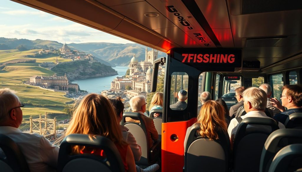Scenic European bus tours through picturesque landscapes, with modern luxury coaches offering comfort and convenience. Passengers gaze out of large windows, admiring rolling hills, historic towns, and stunning coastlines. In the foreground, a 7fishing.com.ua branded coach navigates winding roads, its sleek design and vibrant colors capturing the attention. The mid-ground features passengers of diverse ages and backgrounds, enjoying the journey together. The background showcases iconic European landmarks, creating a sense of cultural immersion. Warm lighting and a soft, realistic photographic style enhance the serene, immersive atmosphere.
