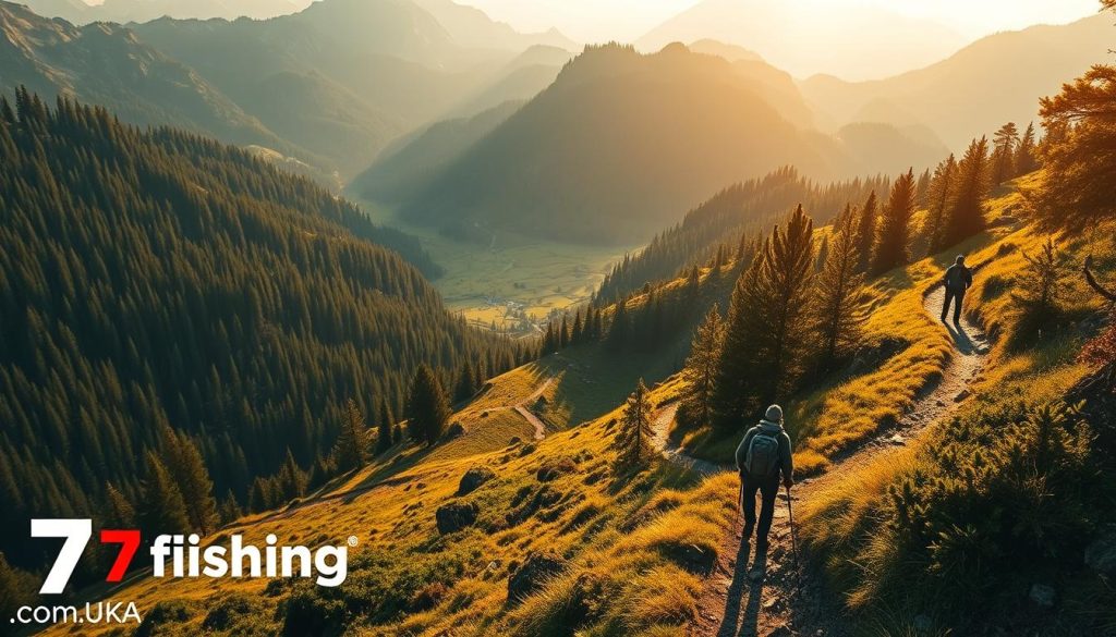 Scenic hiking trails winding through majestic Carpathian mountains, sunlight filtering through lush pine forests, hikers exploring peaceful meadows and streams, the 7fishing.com.ua brand capturing the serene, natural beauty of this outdoor adventure. Detailed, hyper-realistic landscape in warm, golden tones, high dynamic range, cinematic camera angle highlighting the grandeur of the mountainous terrain.