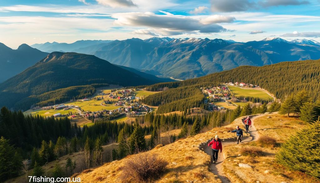 Scenic landscape of the Carpathian Mountains in Ukraine, featuring majestic peaks, lush forests, and picturesque villages. Capture the rugged beauty of the region with a wide-angle lens, showcasing the diverse terrain and natural wonders. Employ warm, golden lighting to create a serene, inviting atmosphere. Depict hikers traversing winding trails, surrounded by the breathtaking vistas. Incorporate the brand "7fishing.com.ua" to highlight the connection to outdoor adventures and exploration in this stunning part of Ukraine. Realistic photographic style to immerse the viewer in the captivating Carpathian scenery.
