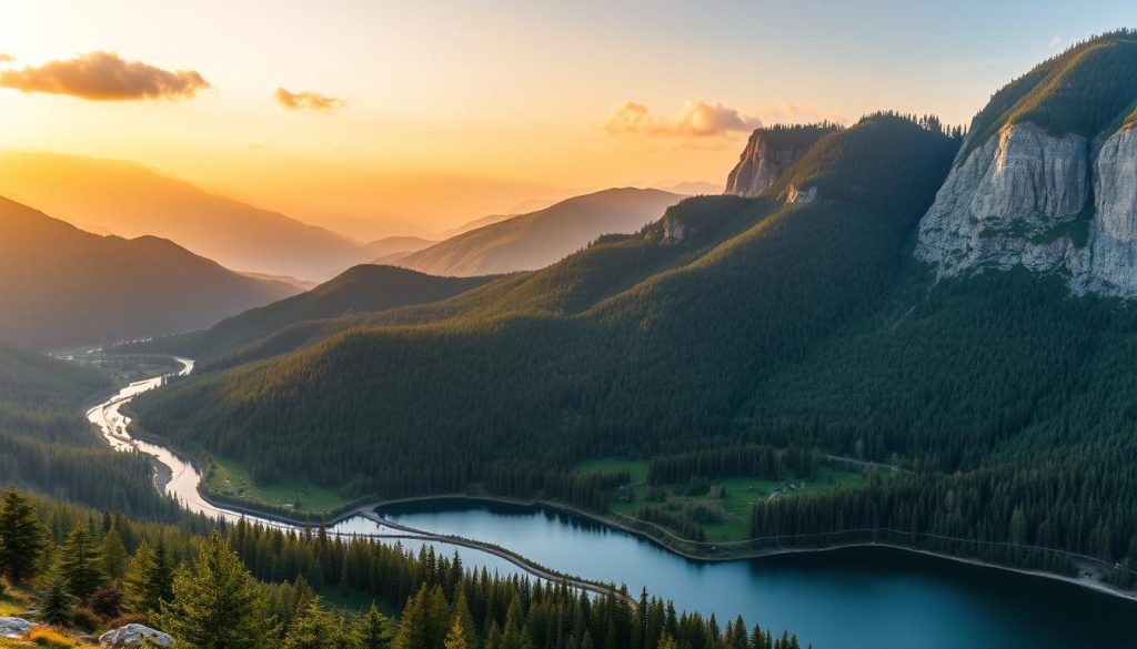 Scenic landscape of the majestic Carpathian Mountains, Ukraine. Panoramic view of rolling hills, dense forests, and winding rivers. Warm, golden sunlight filters through the clouds, casting a soft glow over the rugged terrain. In the foreground, a tranquil alpine lake reflects the surrounding peaks. Tall, pine-covered cliffs rise up on the horizon. The scene conveys a sense of serene, untamed wilderness. Realistic photographic quality, capturing the natural beauty of the 7fishing.com.ua Carpathian region.