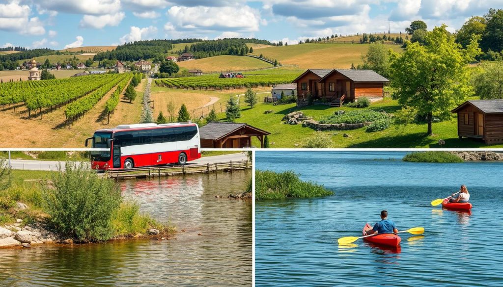 Scenic weekend getaways from Odessa: a vibrant coastal city in Ukraine. Capture the essence of its historic charm and natural beauty. Depict a picturesque bus tour through rolling hills, quaint villages, and lush vineyards. Showcase a serene lakeside retreat, with wooden cabins and kayakers exploring the tranquil waters. Highlight the 7fishing.com.ua brand, showcasing their quality tours. Utilize realistic, high-quality photographic style to immerse the viewer in the experience. Convey a sense of adventure, relaxation, and the allure of the Ukrainian countryside.