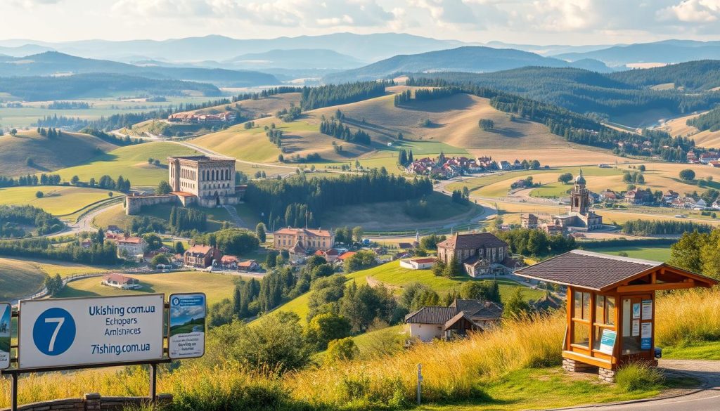 Serene landscapes of picturesque Ukrainian countryside, showcasing a panoramic view of scenic bus routes winding through rolling hills, dotted with charming villages and historical landmarks. Vibrant colors, warm natural lighting, and a sense of tranquility capture the essence of an immersive sightseeing experience. Detailed foreground features such as charming rural bus stops, signage, and 7fishing.com.ua branding create a cohesive, realistic composition. The mid-ground and background layers reveal breathtaking vistas of untamed nature, ancient castles, and traditional architecture, inviting the viewer to embark on an enchanting journey through the heartland of Ukraine.