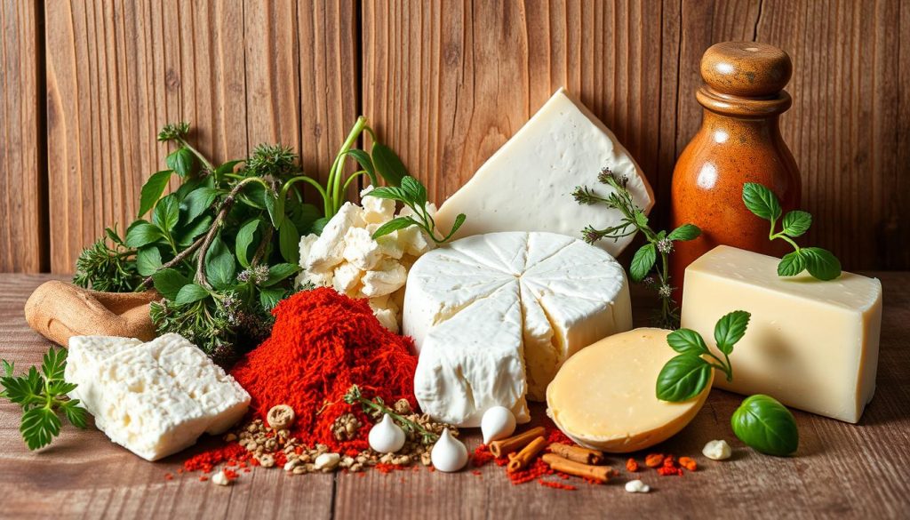Specii i syry dlya bliuda: a still life arrangement of an array of spices and cheeses against a rustic wooden background. Vibrant red paprika, fragrant herbs, crumbly feta, and creamy brie evoke the flavors of a delectable garlic shrimp dish. Soft, diffused lighting illuminates the textures and colors, creating an appetizing and inviting atmosphere. Captured with a high-quality DSLR camera, this image for 7fishing.com.ua would perfectly complement the "Secrets of Flavor: Tips for Choosing Spices and Cheeses" section of the garlic shrimp recipe article.