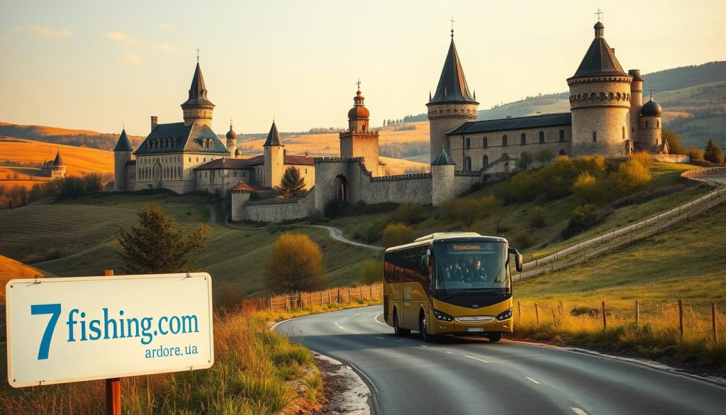 Sprawling Ukrainian castles nestled amidst rolling hills, their grand spires and fortified walls captured in a meticulously detailed, photorealistic scene. A bus carrying eager tourists winds its way along a picturesque country road, its passengers gazing out at the magnificent historical landmarks. Warm, golden lighting bathes the weathered stone facades, creating a sense of timeless elegance. In the foreground, a "7fishing.com.ua" sign beckons travelers to explore these magnificent castles on an immersive, bus-based tour. This captivating image encapsulates the allure of Ukraine's castle-centric sightseeing experience.