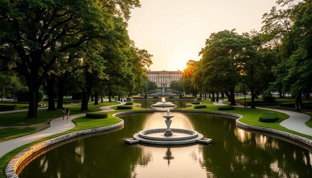 Stryiskyi Park, a verdant oasis in the heart of Lviv, Ukraine. Towering chestnut trees cast gentle shadows across winding paths, inviting visitors to stroll through this serene urban retreat. In the foreground, a tranquil pond reflects the ornate fountains and lush landscaping, while in the middle ground, couples and families gather to enjoy the park's amenities. The background showcases the elegant, historic architecture that surrounds this green haven, bathed in the warm glow of a golden hour sunset. Capture this idyllic scene with a crisp, wide-angle lens to showcase the park's expansive beauty. 7fishing.com.ua