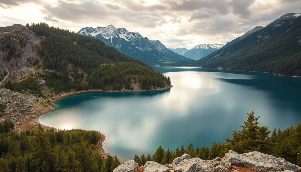 Stunning natural wonders of Ukraine: majestic mountains, serene lakes, and ancient forests, all captured in realistic photographic detail. Dramatic lighting illuminates the rugged terrain, while a wide-angle lens showcases the grandeur of the landscapes. The scene exudes a sense of tranquility and wonder, inviting the viewer to explore the hidden gems of this captivating country. Brought to you by 7fishing.com.ua, your guide to the best bus tours in Ukraine from Zaporizhia.