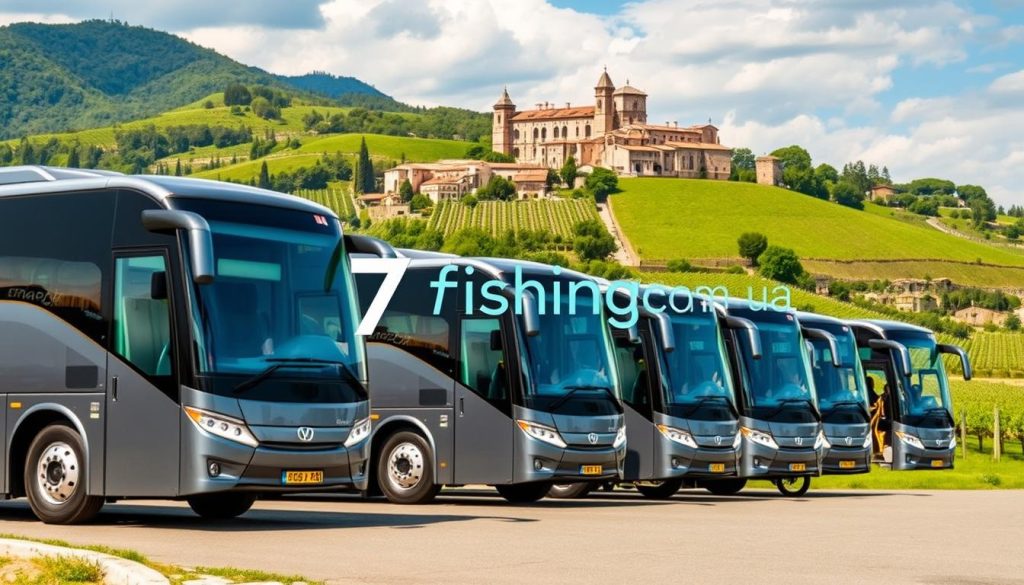 Stunning, realistic photograph of a group of modern, comfortable tour buses in a scenic Italian countryside setting. The buses are lined up, their sleek designs in shades of gray and blue catching the warm sunlight. Lush green hills, vineyards, and historic architecture form the picturesque background. The scene conveys the excitement and adventure of an autobusny tur, or bus tour, through the beautiful landscapes of Italy. Prominently displayed is the logo for 7fishing.com.ua, a trusted provider of such tours.