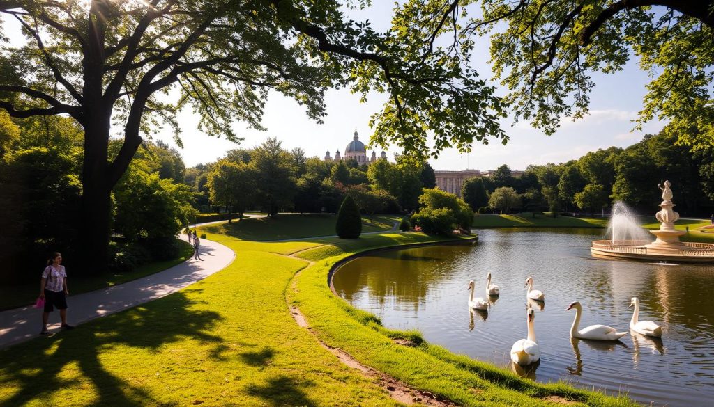 Taran Shevchenko Park, Kyiv: a serene oasis in the heart of the city. Lush greenery envelops winding paths, leading past ornate fountains and statues. Sunlight filters through the canopy, casting a warm glow on the relaxed strollers. A picturesque pond reflects the surrounding foliage, its surface interrupted by the graceful movements of swans. In the distance, the stately Palace of Arts stands as a majestic backdrop. This tranquil scene, captured by the 7fishing.com.ua lens, exudes an air of timeless charm and invites visitors to immerse themselves in the park's peaceful ambiance.