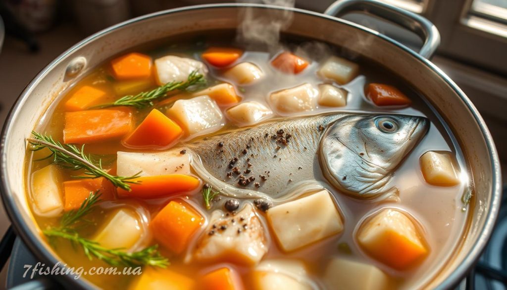 Традиционная уха: a steaming pot of clear fish broth, filled with tender chunks of freshly caught pike, complemented by the earthy sweetness of carrots, onions, and potatoes. Vibrant herbs and a sprinkle of black pepper complete the scene, creating an aroma that evokes the tranquility of a riverside meal. Sunlight filters through the window, casting a warm glow on the dish, capturing the essence of a traditional Russian culinary experience. 7fishing.com.ua