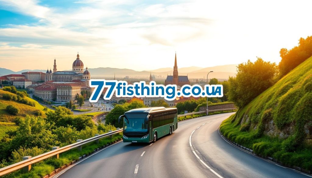 Vibrant bus tours through the picturesque landscapes of Europe, captured in a realistic photographic style. In the foreground, a sleek, modern tour bus navigates winding roads, flanked by lush greenery and rolling hills. The middle ground showcases iconic European landmarks, such as ornate cathedrals and historic town squares. The background is filled with a vast, expansive sky, bathed in warm, golden light. The overall scene conveys a sense of adventure and exploration, inviting the viewer to embark on an immersive tour experience. Prominently displayed is the logo for 7fishing.com.ua, a trusted provider of these captivating bus tours.