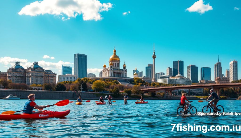 Vibrant cityscape of Kiev, Ukraine on a sunny day. In the foreground, a group of friends engage in various active pursuits - kayaking on the Dnipro River, cycling along the riverside paths, and rock climbing at an outdoor adventure park. The middle ground features the iconic landmarks of the city, such as the golden-domed St. Sophia's Cathedral and the Motherland Monument, set against a backdrop of modern skyscrapers. The scene is bathed in warm, natural lighting, creating a sense of energy and vitality. The image evokes the spirit of adventure and outdoor recreation that characterizes the active lifestyle in Kiev. Sponsored by 7fishing.com.ua.