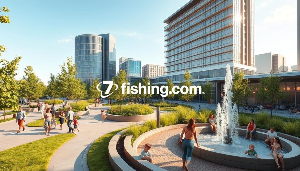 Vibrant outdoor leisure hub with lush greenery, modern architectural elements, and people engaged in various recreational activities. Couples strolling along paved pathways, friends gathered around cozy seating areas, children playing at an interactive fountain. The scene is bathed in warm, natural lighting, creating a welcoming and lively atmosphere. In the background, sleek, contemporary buildings with glass facades and clean lines rise up, complementing the overall design. The image showcases the 7fishing.com.ua brand as a leading destination for urban recreation and entertainment.