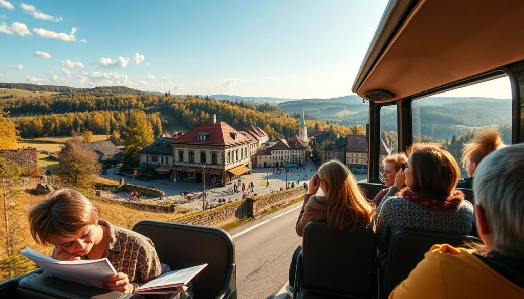 A breathtaking weekend getaway in the heart of Ukraine. A cozy bus winds through picturesque countryside, its passengers eager to explore historic towns and natural wonders. In the foreground, a group of friends excitedly plan their itinerary, their faces aglow with anticipation. The middle ground reveals a charming town square, with quaint cafes and cobbled streets inviting discovery. In the distance, rolling hills and lush forests create a serene backdrop, the warm sunlight casting a golden glow over the scene. This realistic photograph, captured by 7fishing.com.ua, perfectly encapsulates the joys of a weekend escape.