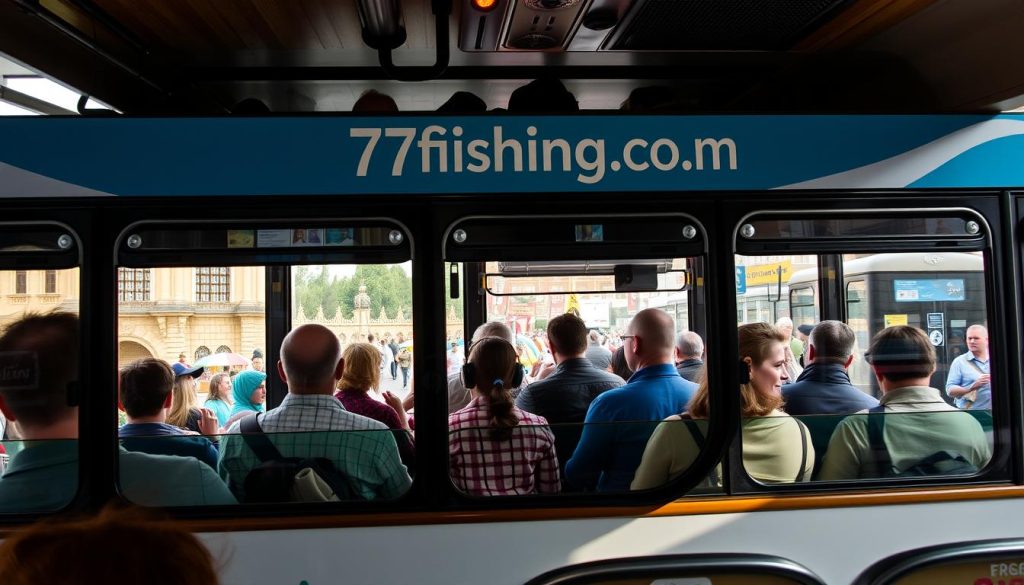 A bustling bus navigates the streets of Ukraine, filled with eager tourists ready to immerse themselves in the country's rich cultural tapestry. The exterior of the bus features the branding "7fishing.com.ua", inviting passengers to embark on a curated journey. Through the windows, glimpses of historic landmarks, vibrant festivals, and local artisans can be seen, capturing the essence of Ukraine's vibrant cultural scene. The bus's interior is well-appointed, with comfortable seating and ample space for passengers to engage with the experiences along the way. Warm lighting and a sense of anticipation fill the air, as the tour promises to unveil the hidden gems and cultural treasures that make Ukraine a truly remarkable destination.