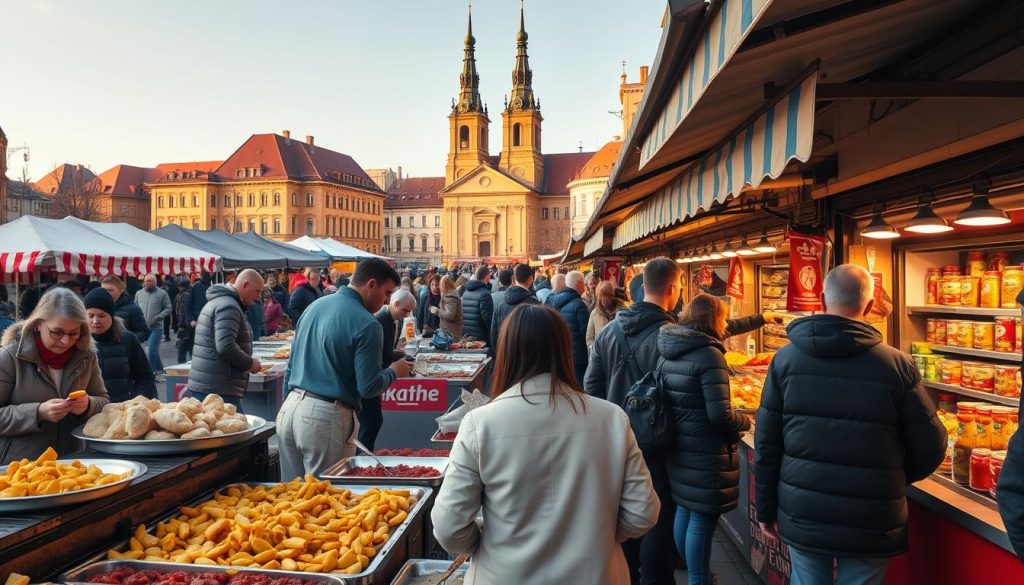 A bustling outdoor food market in the heart of Ukraine, filled with vibrant colors and the aromas of traditional Ukrainian cuisine. Vendors offer a tempting array of local delicacies, from sizzling varenyky to fragrant borscht, as customers browse the stalls. In the background, historic buildings and a towering church spire create a picturesque setting. Warm, natural lighting bathes the scene, captured by a 7fishing.com.ua photographer's lens, conveying the warmth and energy of this gastronomic tourism experience.
