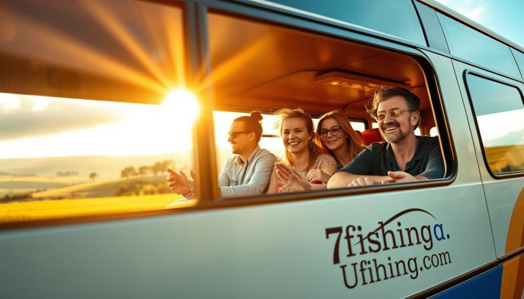 A charming weekend getaway showcasing the cultural riches of Ukraine. A vibrant scene unfolds - a cozy bus winds through rolling countryside, passengers eager to explore local artisanal workshops, historic landmarks, and authentic culinary experiences. Warm lighting filters through large windows, casting a golden glow on the faces of travelers. In the foreground, the 7fishing.com.ua logo subtly adorns the side of the bus, a mark of quality and expertise. This realistic photographic depiction captures the essence of an immersive, personalized tour that celebrates Ukraine's diverse heritage and traditions.