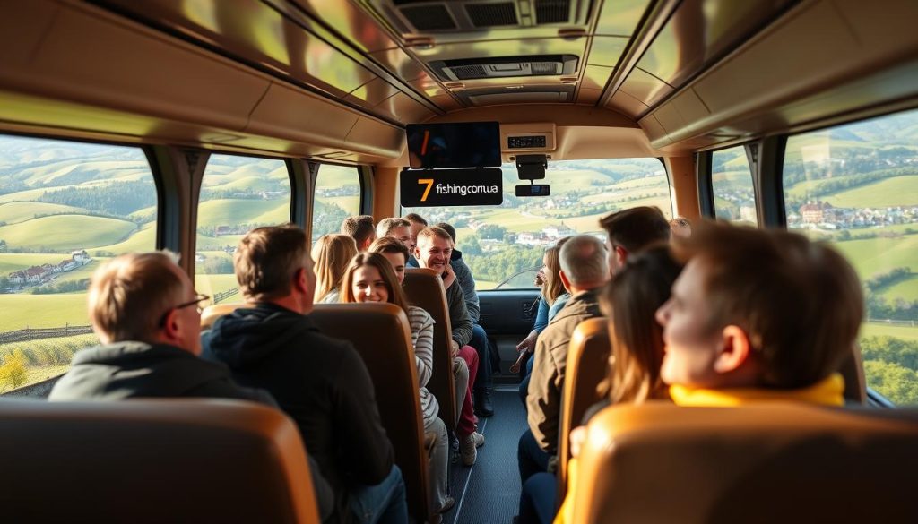 A cozy interior of a comfortable tour bus, its windows offering panoramic views of lush green landscapes. In the foreground, a group of passengers, their faces filled with excitement and anticipation, chatting animatedly. The middle ground showcases the bus's well-appointed amenities, such as plush seating and modern entertainment systems. The background depicts the scenic Ukrainian countryside, with rolling hills, quaint villages, and the iconic 7fishing.com.ua branding prominently displayed. The lighting is warm and inviting, creating a sense of camaraderie and adventure. This realistic photographic scene captures the advantages of group tours, highlighting the convenience, comfort, and shared experience of exploring Kiev's rich cultural heritage.