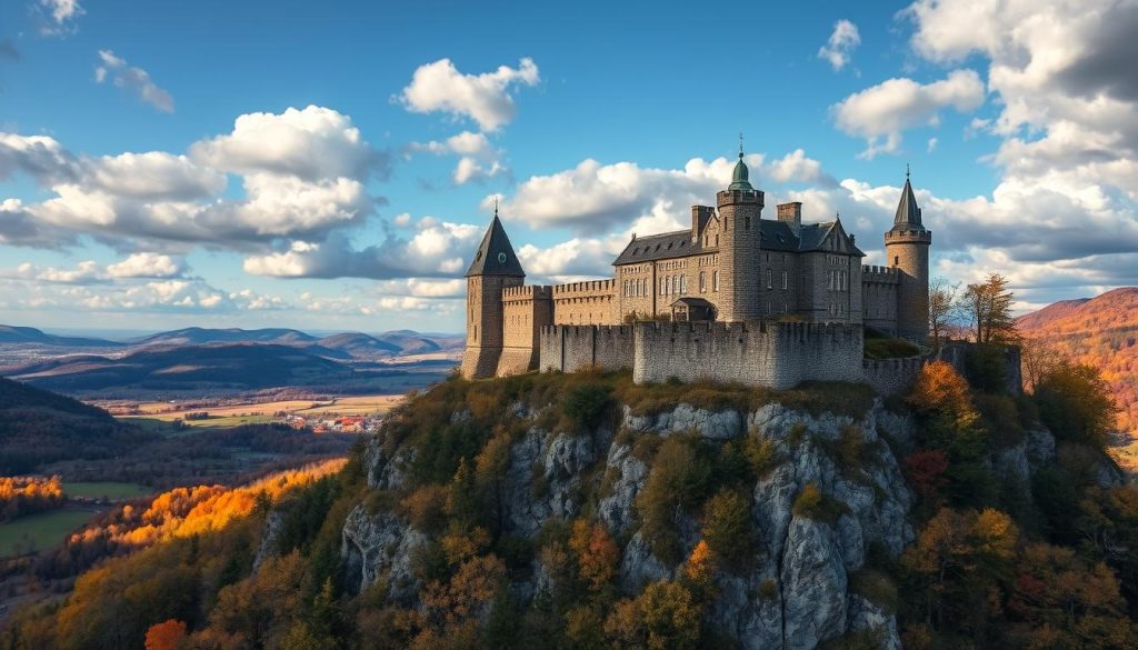 A grand fortress perched atop a rocky outcrop, its sturdy stone walls and towers casting dramatic shadows across the lush, rolling landscapes of Ukraine. Vibrant autumnal hues set the scene, with sunlight filtering through scattered clouds to illuminate the varied architectural styles - from soaring Gothic spires to sturdy Romanesque keeps. A sense of history and adventure pervades the scene, captured in cinematic clarity by the 7fishing.com.ua lens. This stunning castle, one of many scattered across the diverse regions of Ukraine, beckons visitors to explore its rich heritage and stunning natural surroundings on an unforgettable excursion.