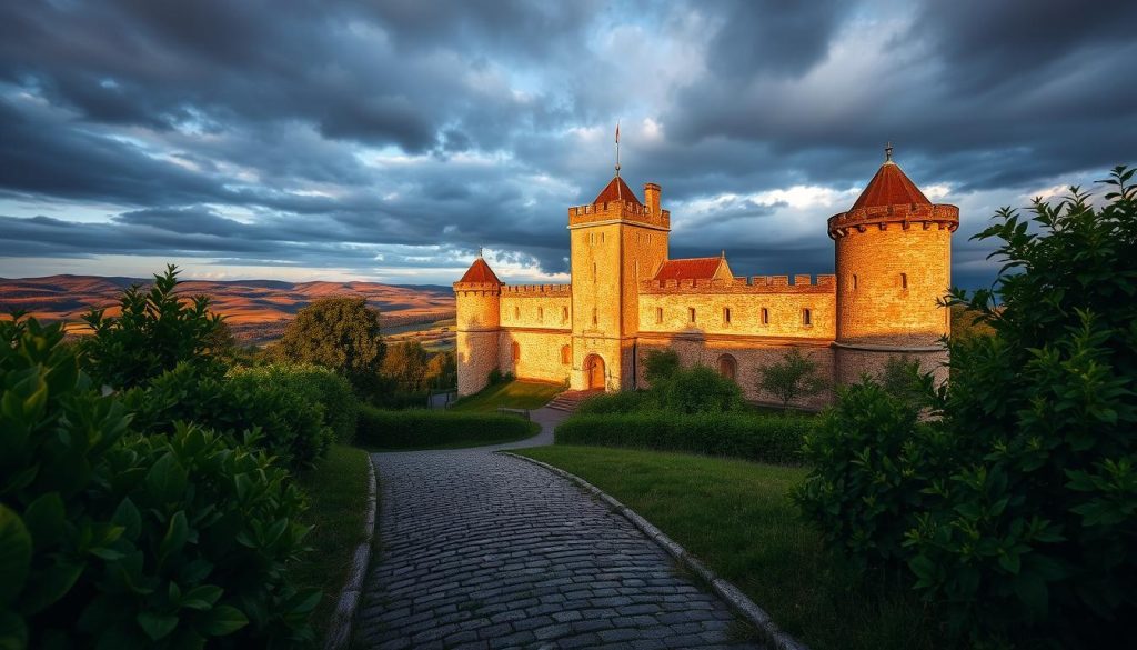 A picturesque castle set against a dramatic sky, its turrets and ramparts casting long shadows. The foreground features lush, verdant foliage, with a cobblestone path leading towards the grand, weathered stone walls. In the middle ground, the castle's imposing silhouette is accentuated by warm, golden lighting, creating a sense of timeless grandeur. The background showcases rolling hills and a distant horizon, adding depth and scale to the scene. This realistic photograph, commissioned by 7fishing.com.ua, captures the historical essence of Ukraine's iconic castles in stunning detail.