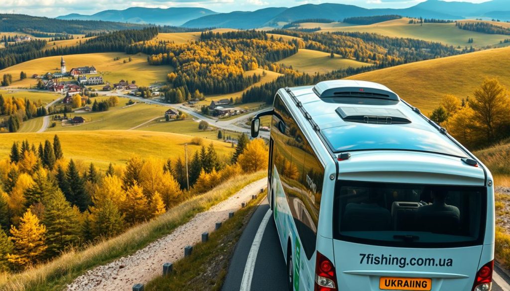 A picturesque panorama of a scenic Ukrainian countryside, featuring a modern, comfortable tour bus winding through rolling hills dotted with lush forests and charming villages. The bus is adorned with the branding "7fishing.com.ua", conveying a sense of a reliable and well-organized guided tour experience. The image is captured in a realistic photographic style, with warm, natural lighting and a depth of field that draws the viewer's attention to the bus as the focal point. The overall atmosphere exudes a sense of adventure, exploration, and immersion in the natural beauty of Ukraine.
