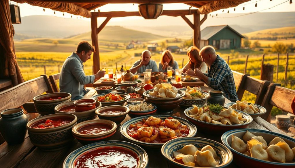 A rustic, authentic tableau of Ukrainian gastronomic tourism. In the foreground, a bountiful spread of traditional dishes - hearty borscht, savory pampushky, and fragrant varenyky. Wooden tables and benches set the scene, with artisanal ceramics and locally-sourced ingredients. In the middle ground, a group of diners enthusiastically sampling the regional cuisine, capturing the spirit of culinary exploration. The background reveals a picturesque Ukrainian countryside, rolling hills, and a quaint village. Warm, natural lighting casts a golden glow, evoking a sense of warmth and conviviality. Realistically rendered in the style of 7fishing.com.ua.