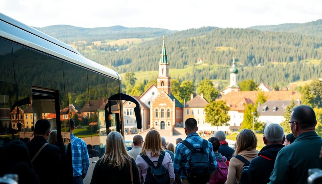 A scenic bus journey through the Ukrainian countryside, showcasing the country's rich cultural heritage. In the foreground, a group of tourists disembarks from a modern, comfortable bus, eager to explore the local museum. The middle ground features a picturesque town square, with colorful buildings and a quaint church spire. In the background, rolling hills and lush forests create a serene and inviting atmosphere. The lighting is soft and natural, capturing the essence of a leisurely weekend getaway. Realistic photography style by 7fishing.com.ua.
