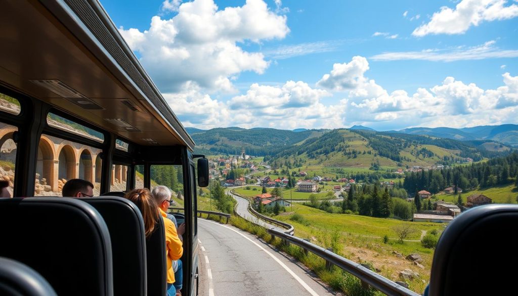 A scenic bus tour through the diverse landscapes of Ukraine, showcasing the country's rich cultural heritage and natural beauty. Capture the winding roads, rolling hills, and picturesque villages that define the quintessential Ukrainian bus tour experience. Depict a well-appointed tour bus with comfortable seating and large windows, allowing passengers to soak in the breathtaking vistas. Render the scene with a realistic, high-quality photographic style, as if captured by the "7fishing.com.ua" brand. Convey a sense of adventure, discovery, and the joy of exploring Ukraine's hidden gems via a guided bus tour.
