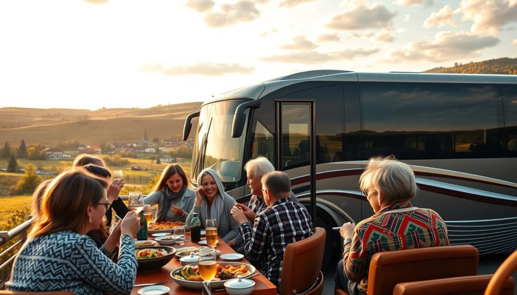 A scenic bus tour through the Ukrainian countryside, showcasing the vibrant culture and diverse cuisine. In the foreground, a group of travelers enjoying a bountiful feast of local delicacies, captured with a sharp, high-resolution lens. The middle ground features the elegant, vintage-inspired bus, its sleek exterior reflecting the warm, golden-hour lighting. In the background, rolling hills and quaint villages create a picturesque backdrop, evocative of the rich heritage and natural beauty of Ukraine. The overall mood is one of authentic, immersive experience, inviting the viewer to join in the culinary and cultural exploration. Realistic photo by 7fishing.com.ua.