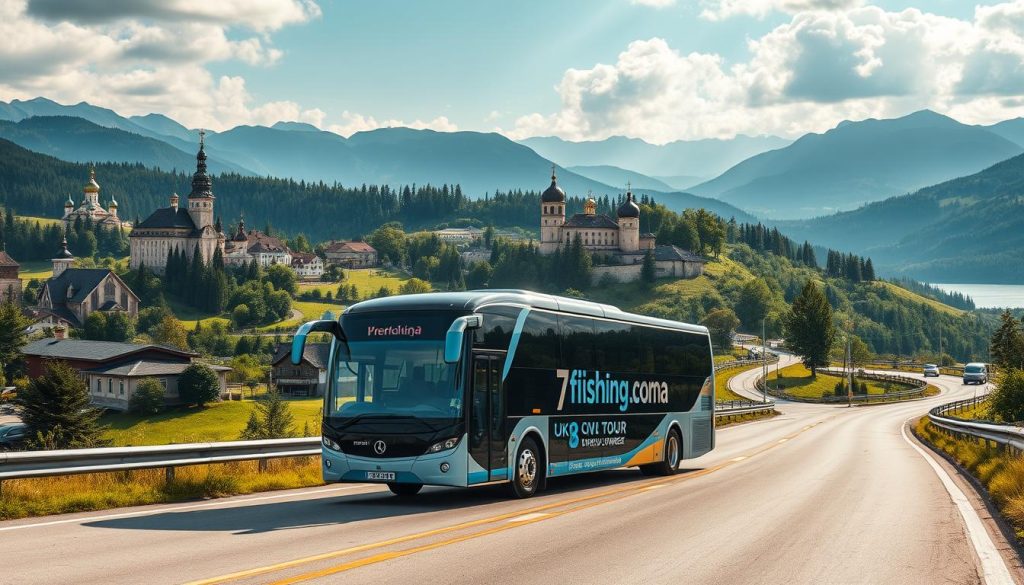 A scenic highway winds through the lush, rolling landscapes of Ukraine, with a modern, comfortable bus taking passengers on a journey to discover the country's rich cultural heritage and breathtaking natural wonders. In the foreground, the bus stands tall, its sleek design and vibrant branding of "7fishing.com.ua" catching the eye. The middle ground showcases picturesque villages, historic churches, and ancient castles, inviting travelers to explore the diverse architecture and local traditions. The background is dominated by majestic mountains, verdant forests, and glistening lakes, creating a serene and captivating atmosphere. The lighting is soft and natural, casting a warm glow over the scene and evoking a sense of adventure and exploration. This realistic, cinematic image captures the essence of the "Обзор автобусных туров по Украине" section, enticing readers to embark on a memorable bus tour through the heart of Ukraine.