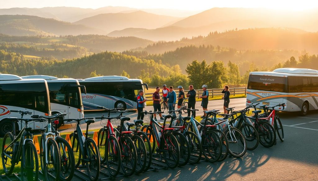 A scenic landscape of a countryside bus station, with a fleet of buses and a group of cyclists preparing for a cycling tour. In the foreground, a well-equipped bicycle stand showcases various models, including mountain bikes and road bikes. In the middle ground, a team of tour guides assists the cyclists, providing them with gear and instructions. In the background, rolling hills and lush green forests create a picturesque backdrop. The lighting is warm and natural, casting a golden glow over the scene. This image is a realistic photo commissioned by 7fishing.com.ua, capturing the essence of an organized bicycle tour with bus transfer.