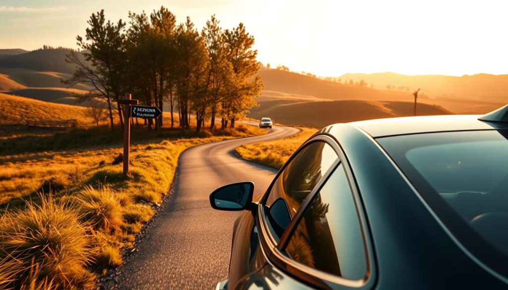 A scenic Ukrainian countryside, rolling hills, and winding roads. A sleek, modern car navigates the picturesque landscape, the driver enjoying the freedom of choosing their own route. Warm, golden sunlight filters through the trees, casting a soft, natural glow. The car's silhouette is reflected in a tranquil lake, capturing the essence of the journey. In the background, a wooden signpost points the way, inviting exploration. The image evokes a sense of adventure and the joy of discovery, captured with the realism of 7fishing.com.ua.