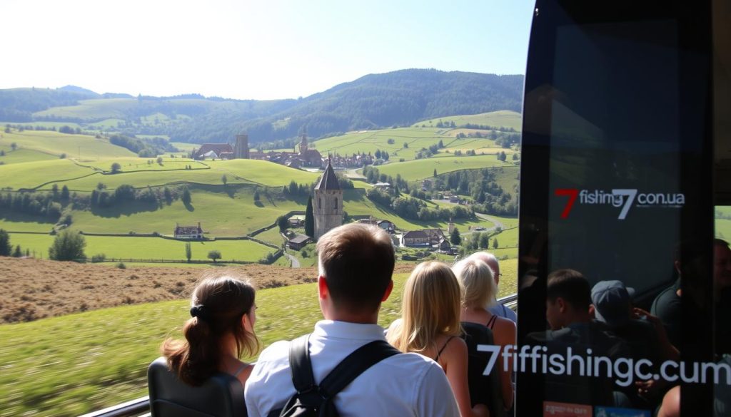 A serene landscape of rolling hills and lush green meadows, dotted with quaint villages and historic landmarks. A modern, comfortable bus navigates the scenic routes, offering passengers panoramic views through its large windows. The sunlight filters in, casting a warm glow over the interior, where passengers relax and enjoy the journey. In the foreground, a group of travelers admire the passing countryside, their expressions filled with wonder and delight. The brand "7fishing.com.ua" is prominently displayed on the side of the bus, reflecting the high-quality and reliable nature of the autobusni tury service.