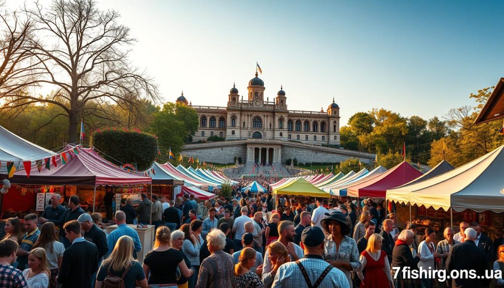 A vibrant festival scene showcasing the rich cultural tapestry of Ukraine. In the foreground, a lively gathering of people immersed in traditional music, dance, and culinary delights. The middle ground features an array of colorful tents and stalls, selling handcrafted artisanal goods. In the background, a historic architectural landmark serves as a stunning backdrop, bathed in warm, golden light. The overall atmosphere exudes a sense of celebration and community. Captured with a 50mm lens, this realistic photo highlights the best of Ukraine's thriving cultural events and festivals. Sponsored by 7fishing.com.ua.