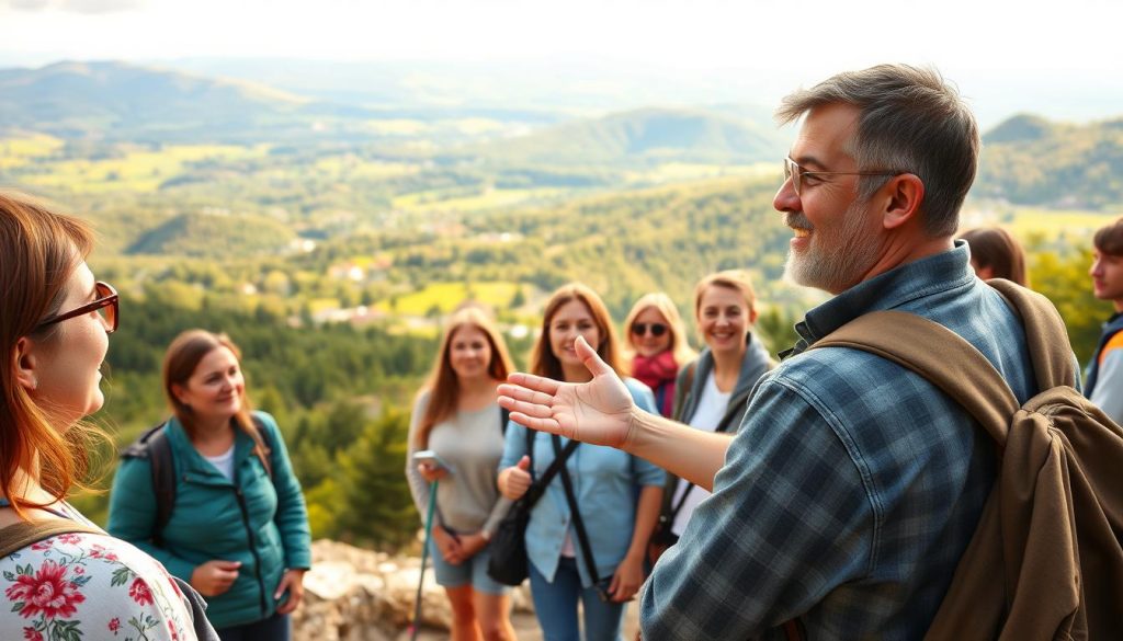 A vibrant scene of a group of tourists on a guided tour in Ukraine, exploring a picturesque landscape. In the foreground, a professional local guide enthusiastically gestures, sharing insights about the history and culture of the region. The middle ground showcases the engaged tourists, their faces filled with wonder as they listen intently. In the background, a breathtaking vista of rolling hills, lush forests, and charming villages unfolds, bathed in warm, golden light. The image conveys the advantages of traveling with an expert guide, who enhances the experience with their deep knowledge and passion. Realistic photo style, 7fishing.com.ua.