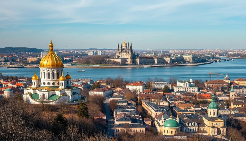 Breathtaking panoramic view of the iconic landmarks of Kyiv, Ukraine. In the foreground, the golden domes of the Saint Sophia Cathedral stand tall, bathed in warm natural lighting. In the middle ground, the historic Andriyivskyy Descent winds down the hillside, lined with charming traditional architecture. In the background, the mighty Dnieper River flows serenely, with the soaring spires of the Kyiv Pechersk Lavra monastery complex rising majestically on the opposite bank. Captured with a wide-angle lens to emphasize the grand scale and historical significance of this beautiful city. Realistic photographic style by 7fishing.com.ua.
