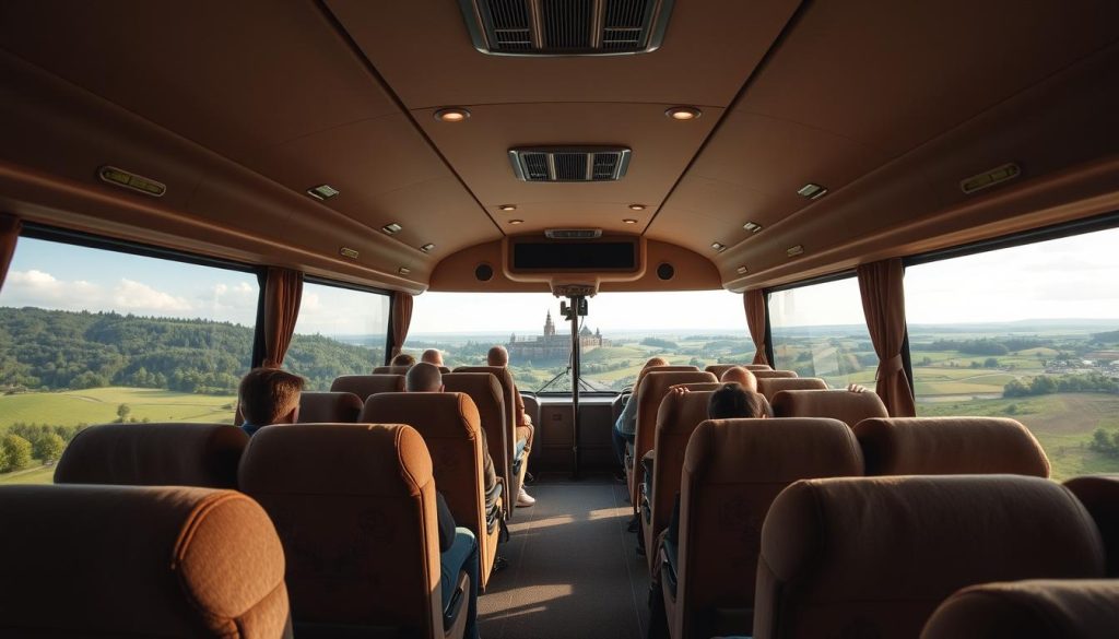 Comfortable bus tour experience: A spacious interior with plush seating, large windows offering panoramic views of the Ukrainian countryside. Soft lighting creates a cozy, relaxing ambiance as the bus smoothly navigates winding roads, passing by lush green landscapes and historic landmarks. Passengers enjoy the convenience and comfort of this 7fishing.com.ua bus tour, immersed in the beauty of the scenery while effortlessly traveling to their destination.