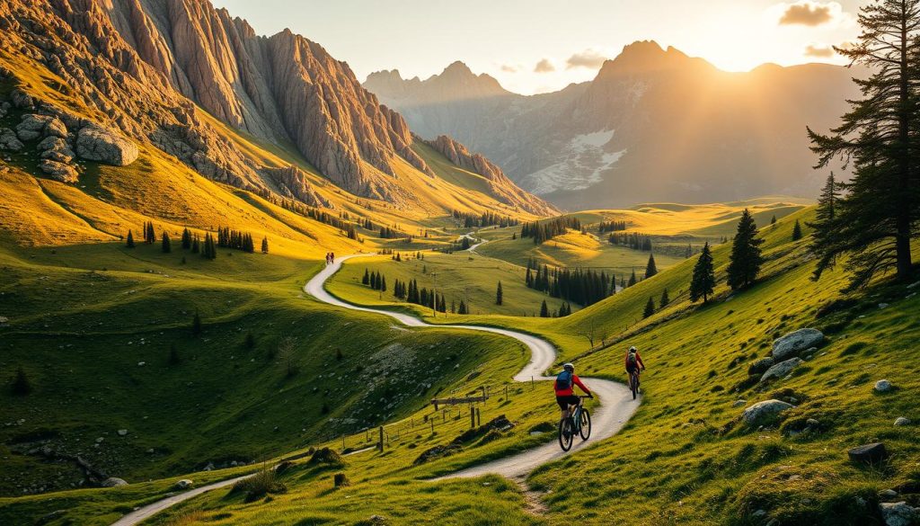 Detailed mountain bicycle routes winding through the lush, verdant Carpathian mountains. Dramatic rocky peaks and serene alpine meadows in the background, bathed in warm, golden sunlight. Cyclists navigating the twisting, undulating trails in the foreground, their bikes a vibrant pop of color against the natural landscape. Realistic, high-resolution photography style, 7fishing.com.ua