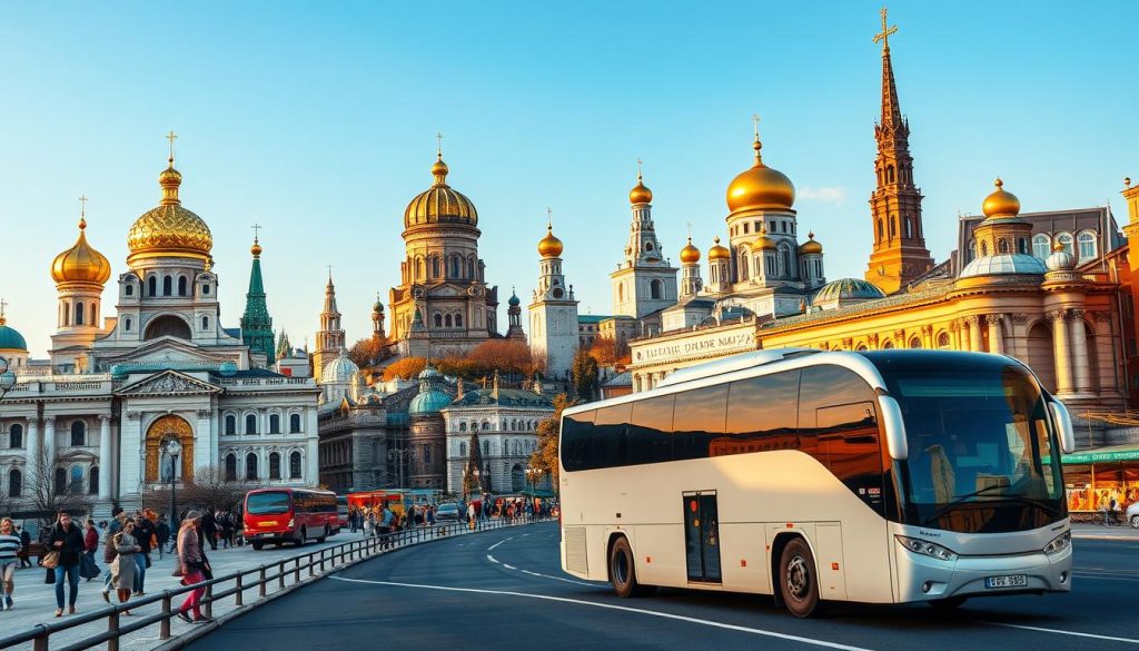 Detailed, photorealistic image of iconic Ukrainian landmarks and attractions along a scenic bus tour route. The foreground features a modern, sleek tour bus winding through a bustling city center, with eye-catching historical buildings, ornate churches, and lively street markets in the middle ground. The background showcases famous sights like the golden-domed St. Sophia's Cathedral, the Motherland Monument, and the towering Kyiv Pechersk Lavra complex. Warm, golden lighting illuminates the scene, creating a welcoming and vibrant atmosphere. Commissioned by 7fishing.com.ua.