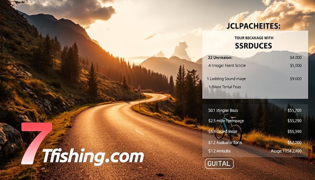 Detailed, realistic photograph of a bicycle tour package with accommodation and equipment rental. Prominently display the 7fishing.com.ua brand in the foreground. The image should showcase the cost breakdown, including transportation, lodging, and bike rental fees. Set the scene in a natural, scenic Ukrainian landscape with mountains, forests, and a winding road in the background. Use warm, soft lighting to create a welcoming, adventurous atmosphere. Capture the various amenities and services offered in a visually appealing and informative manner.