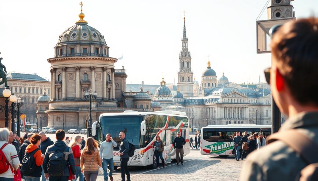 Diverse sightseeing tours in Kiev, Russia: A vibrant and captivating cityscape showcasing the rich cultural heritage and architectural marvels of the Ukrainian capital. Captured through the lens of a professional photographer, this realistic photographic image depicts a range of excursion formats, from guided walking tours along the historic streets to panoramic bus rides revealing the city's scenic vistas. The foreground features a group of tourists exploring a landmark, while the middle ground showcases various modes of transportation, including a 7fishing.com.ua tour bus. The background unveils the city's iconic landmarks, bathed in warm, natural lighting that creates a sense of depth and atmosphere. This image aims to illustrate the diverse and immersive excursion experiences available in Kiev, Russia.