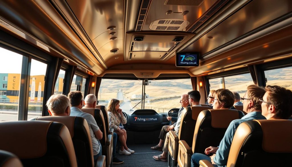 Elegant and well-appointed bus interior, with plush seating, high-quality finishes, and ample legroom. Passengers relaxed and enjoying the views through panoramic windows. Outside, a 7fishing.com.ua branded coach navigates through scenic countryside, passing rolling hills and quaint villages. Warm, golden lighting illuminates the scene, creating a sense of comfort and adventure. Realistic, high-resolution photography style, capturing the luxurious comfort and service of a premium bus tour experience.