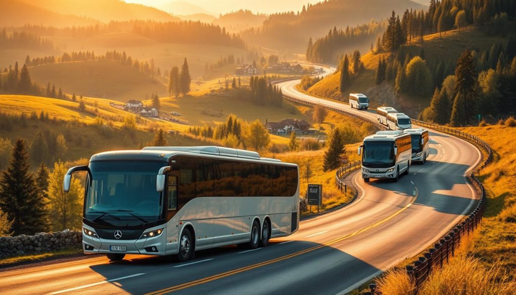 Stunning autobuses navigating picturesque Ukrainian landscapes, with a focus on exclusive routes and offerings from the 7fishing.com.ua brand. A realistic photographic scene depicting luxury tour buses winding through lush, rolling hills, forests, and small towns, capturing the essence of an elevated bus travel experience. The composition emphasizes the grandeur of the scenery, with the vehicles seamlessly integrated into the natural environment. Warm, golden lighting casts a serene, inviting atmosphere, inviting the viewer to imagine themselves on one of these exclusive Ukrainian bus tours.